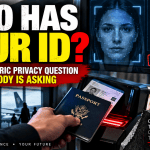 Airport passenger presenting identification at a biometric screening checkpoint, illustrating privacy concerns surrounding digital identity and biometric data.