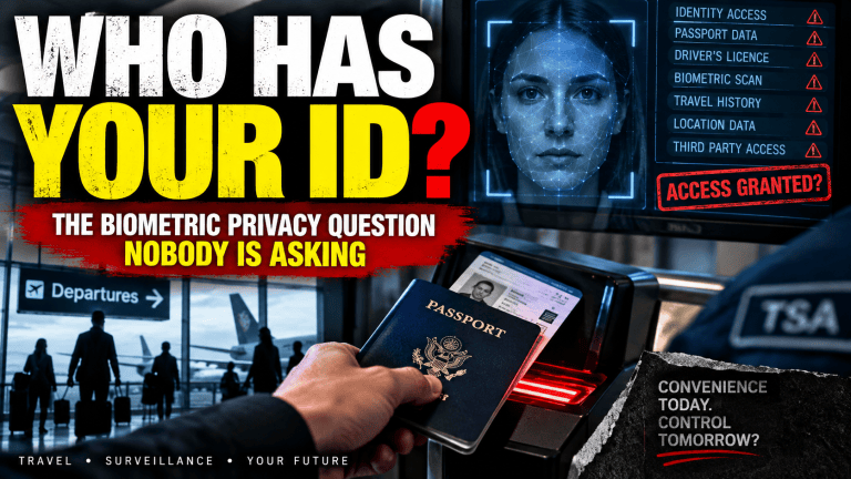 Airport passenger presenting identification at a biometric screening checkpoint, illustrating privacy concerns surrounding digital identity and biometric data.