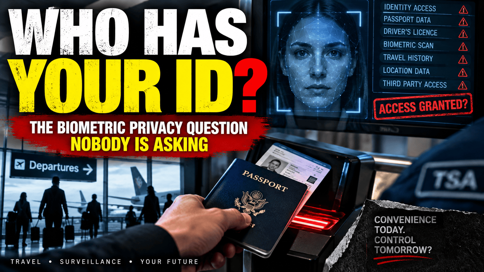 Airport passenger presenting identification at a biometric screening checkpoint, illustrating privacy concerns surrounding digital identity and biometric data.