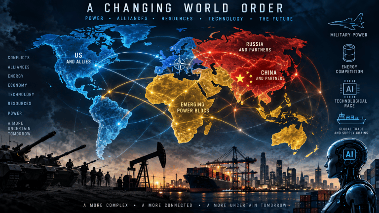 World map illustrating shifting global alliances, military power, energy competition, artificial intelligence and emerging geopolitical power blocs.