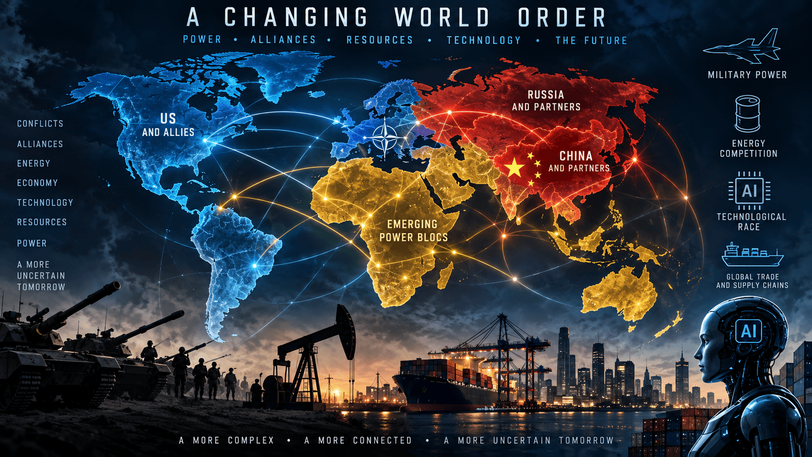 World map illustrating shifting global alliances, military power, energy competition, artificial intelligence and emerging geopolitical power blocs.