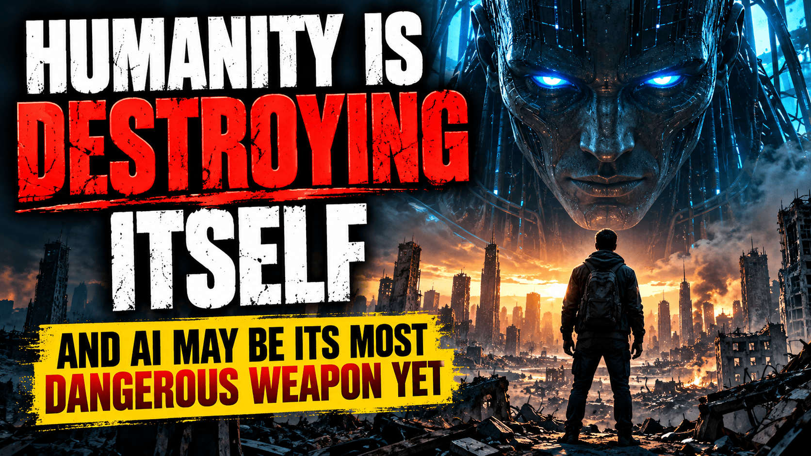 Artificial intelligence threat illustrated by a massive AI system overlooking humanity and a dark futuristic city.