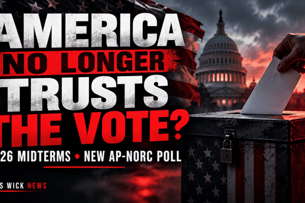 Dark editorial illustration of an American ballot box and US flag representing declining voter trust ahead of the 2026 midterm elections.