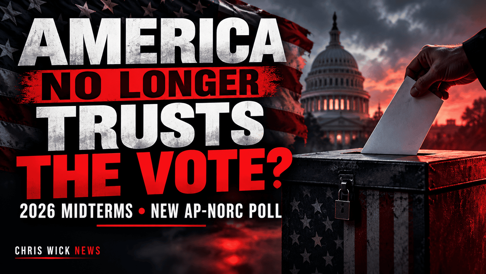 Dark editorial illustration of an American ballot box and US flag representing declining voter trust ahead of the 2026 midterm elections.