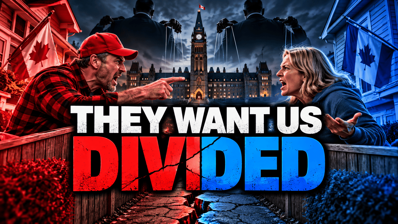 Two neighbours divided by political conflict as government buildings loom behind them.