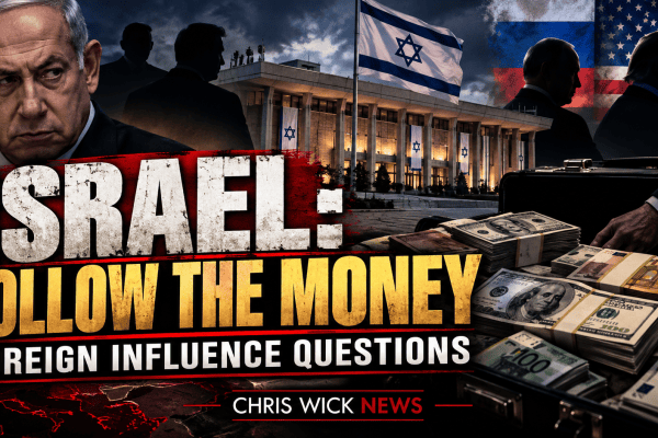 Dark editorial illustration of Israeli election politics with foreign influence and financial funding under scrutiny.