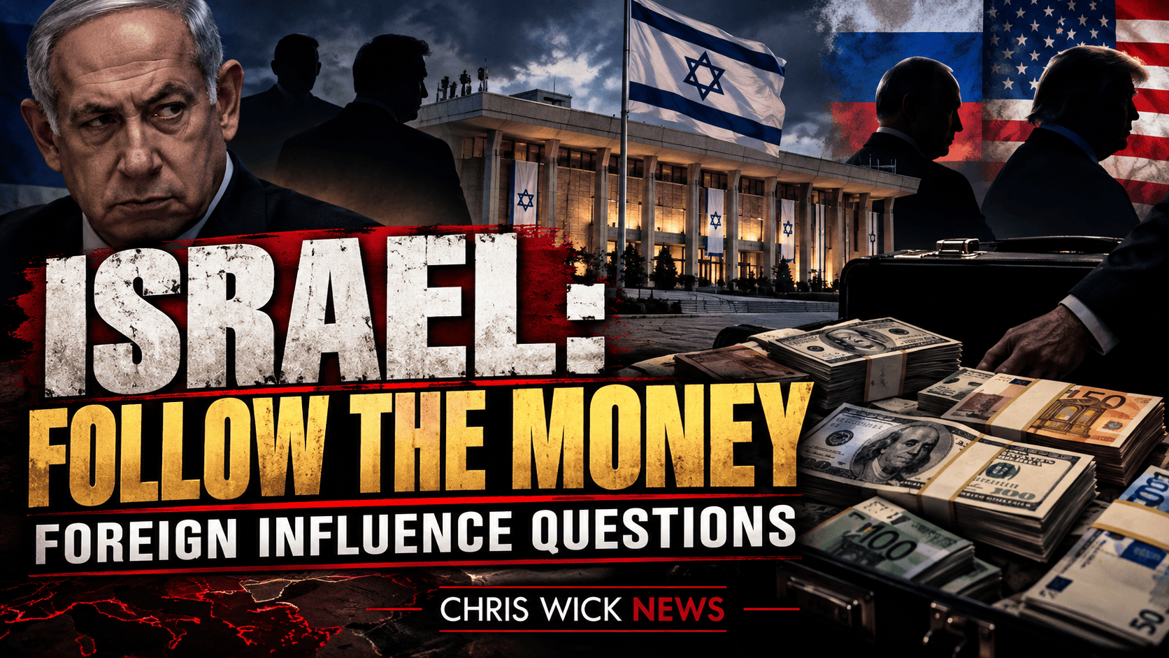 Dark editorial illustration of Israeli election politics with foreign influence and financial funding under scrutiny.