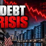 AI debt crisis illustrated by falling technology stocks, Wall Street financial charts and artificial intelligence infrastructure