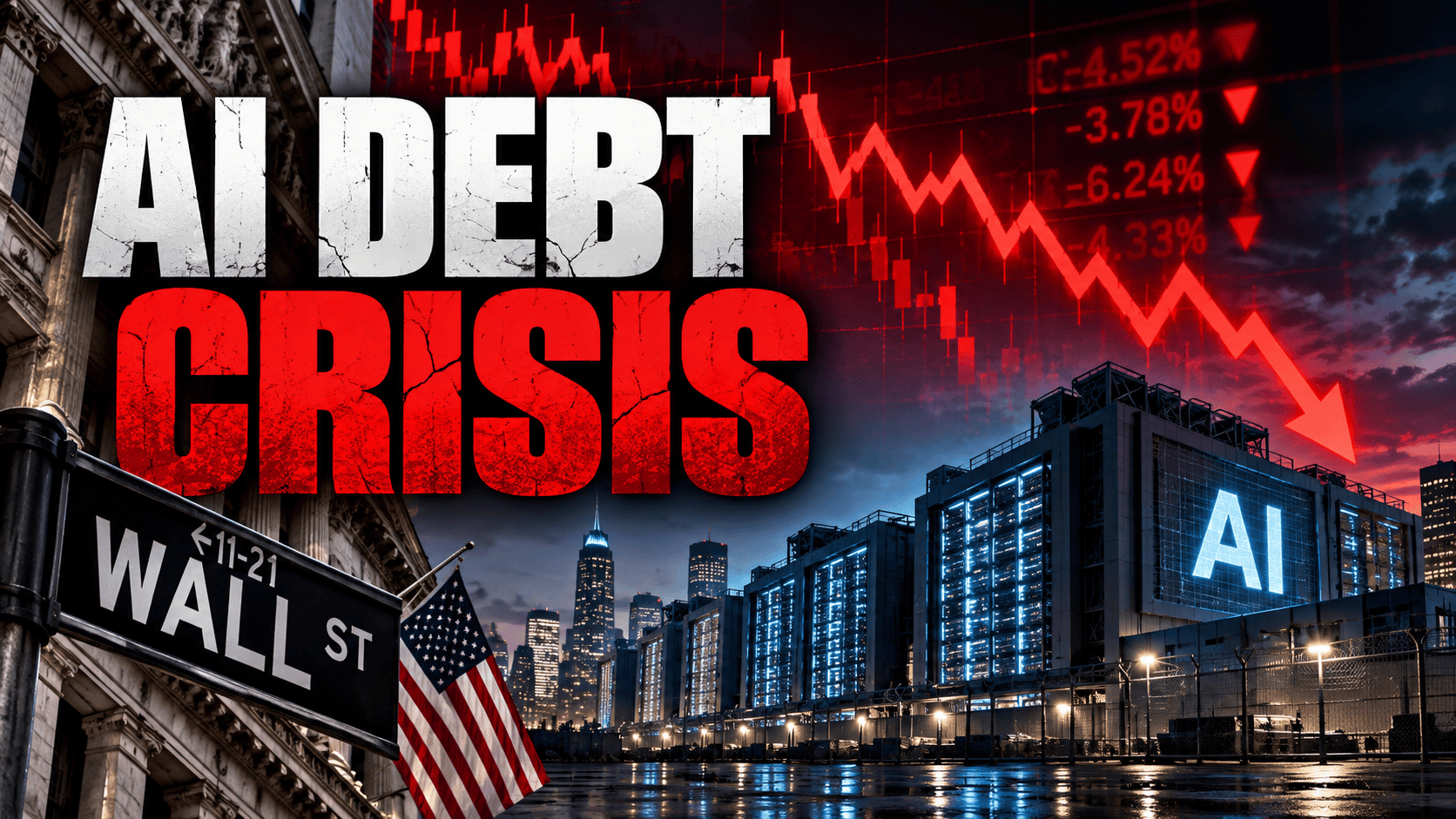 AI debt crisis illustrated by falling technology stocks, Wall Street financial charts and artificial intelligence infrastructure