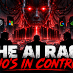 Dark illustration of the global artificial intelligence race, depicting an AI core surrounded by data centres and red warning lights.