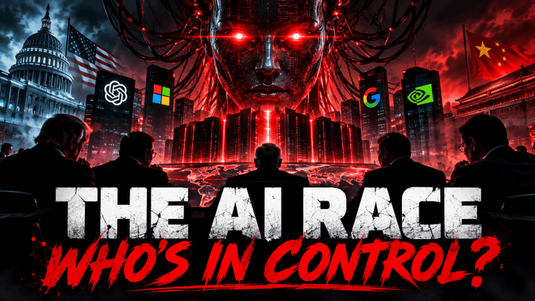 Dark illustration of the global artificial intelligence race, depicting an AI core surrounded by data centres and red warning lights.