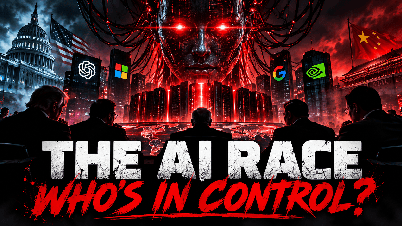 Dark illustration of the global artificial intelligence race, depicting an AI core surrounded by data centres and red warning lights.