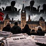 Dark Canadian Parliament scene symbolizing broken political promises and taxpayer accountability
