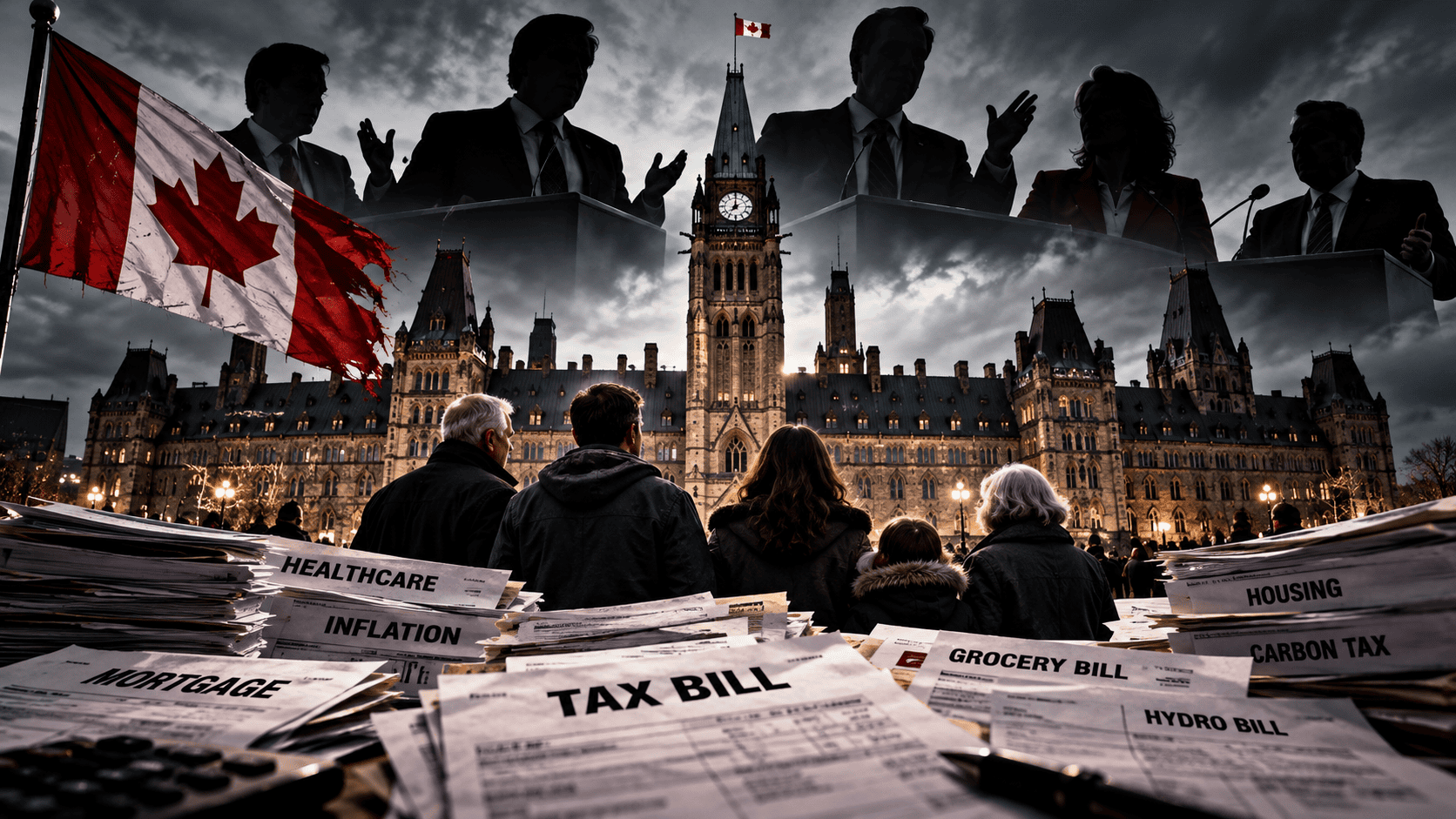 Dark Canadian Parliament scene symbolizing broken political promises and taxpayer accountability