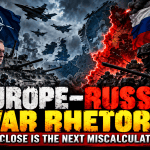 Dark editorial image illustrating Europe Russia war rhetoric with NATO and Russian military imagery across a divided map of Europe