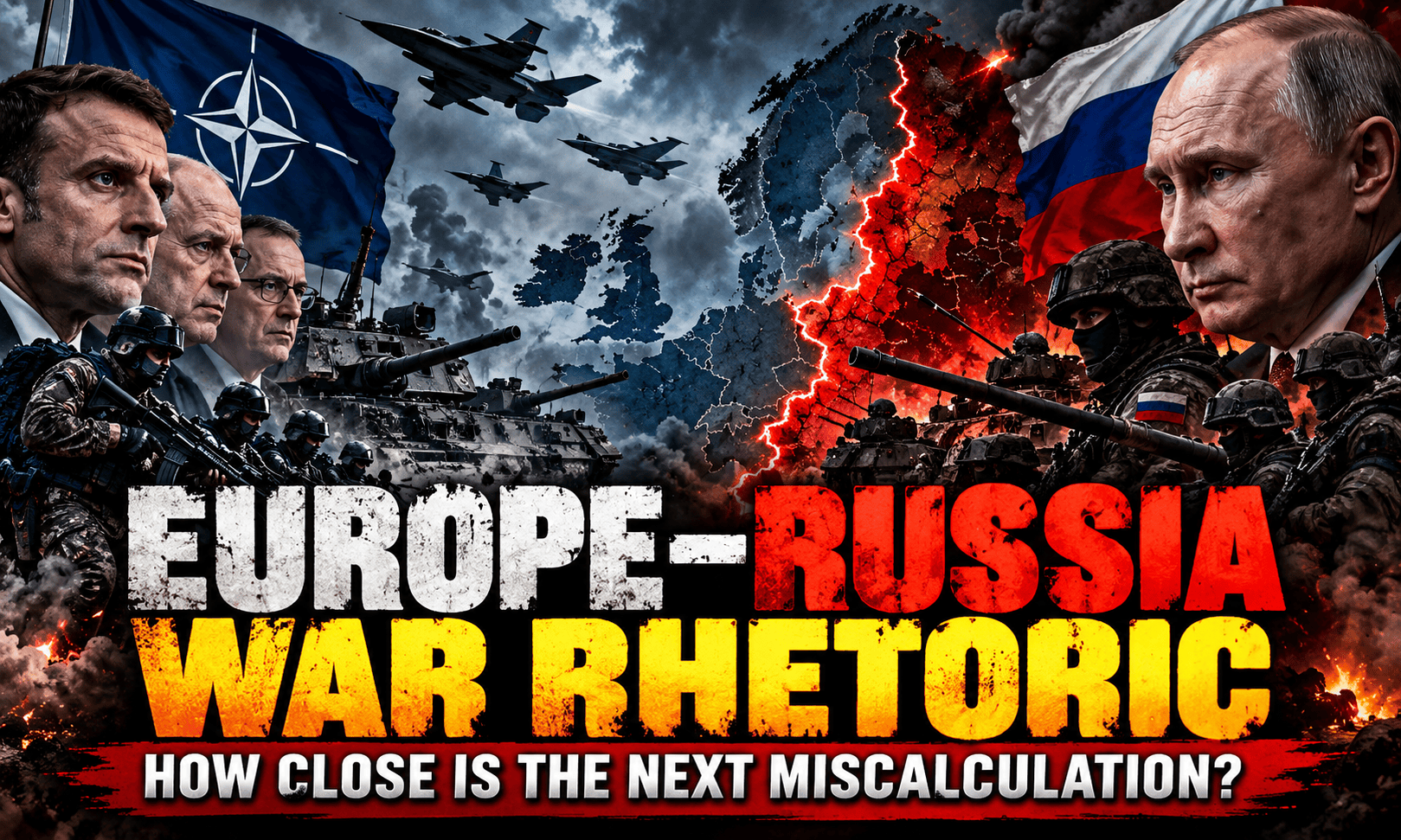 Dark editorial image illustrating Europe Russia war rhetoric with NATO and Russian military imagery across a divided map of Europe