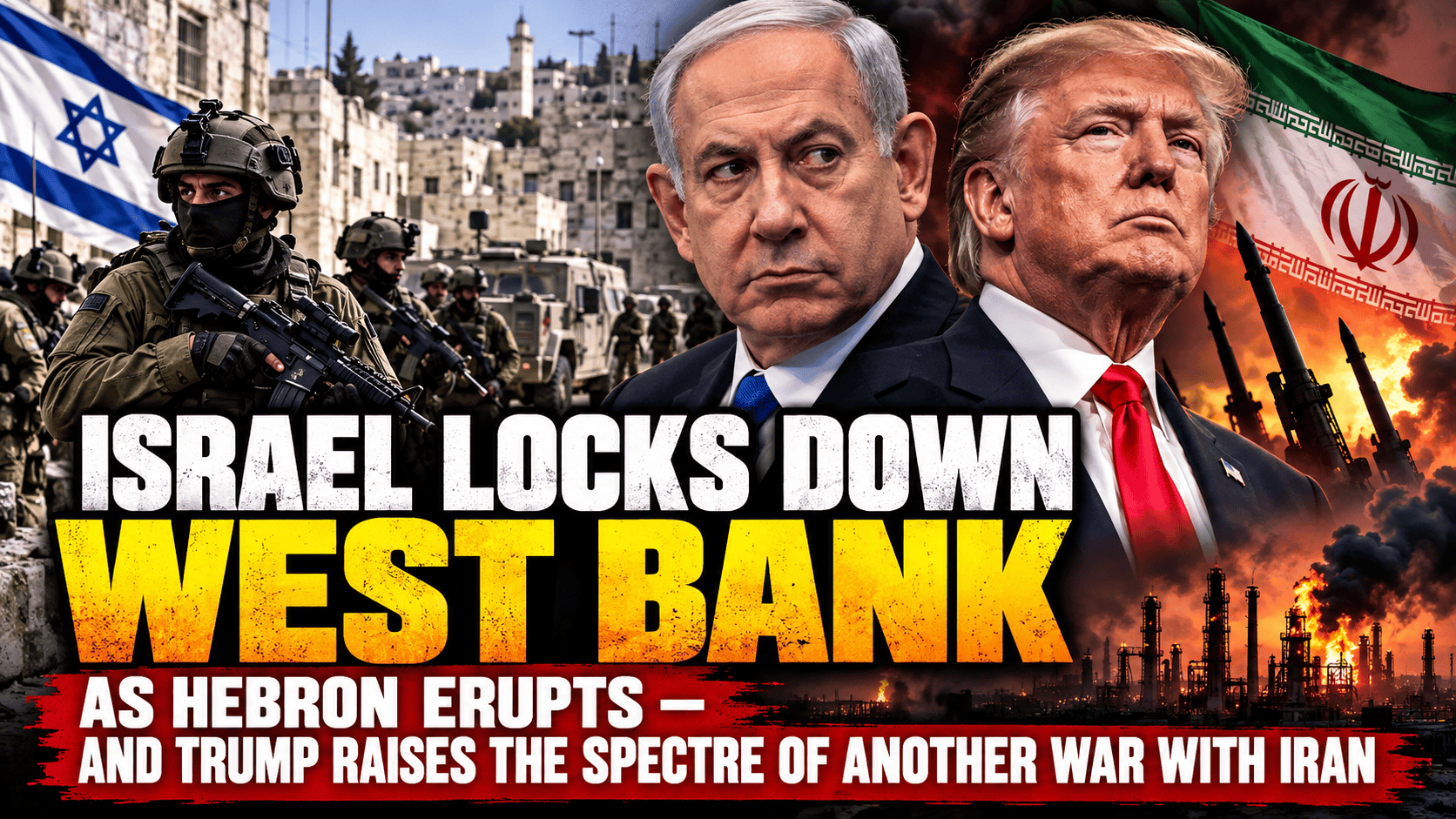 Israeli military operations in Hebron amid West Bank lockdown as Donald Trump warns of possible renewed strikes against Iran.