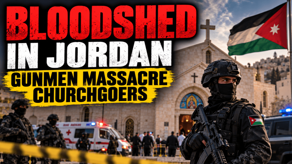 Armed security personnel outside a Jordanian church following a deadly attack that killed eight people.