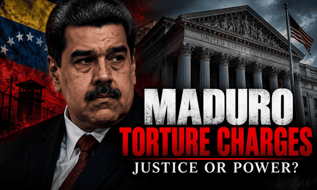 Editorial illustration of Nicolás Maduro and a U.S. courthouse representing the October 2026 torture charges.