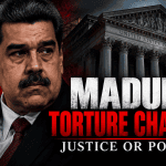 Editorial illustration of Nicolás Maduro and a U.S. courthouse representing the October 2026 torture charges.