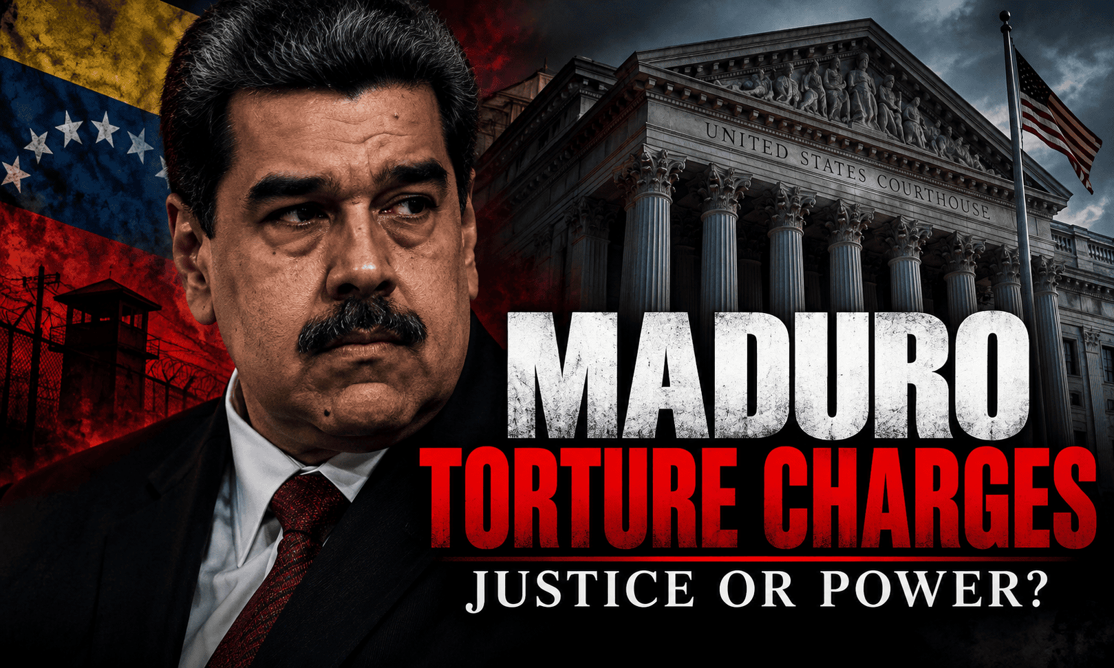 Editorial illustration of Nicolás Maduro and a U.S. courthouse representing the October 2026 torture charges.