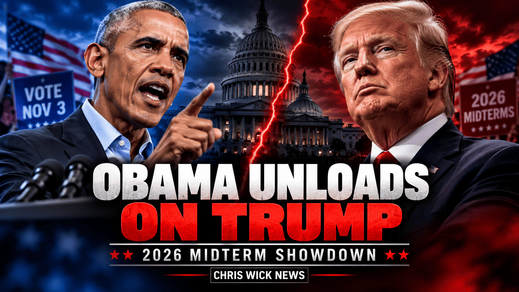 Barack Obama and Donald Trump featured in a dramatic political image representing the heated 2026 US midterm election battle.