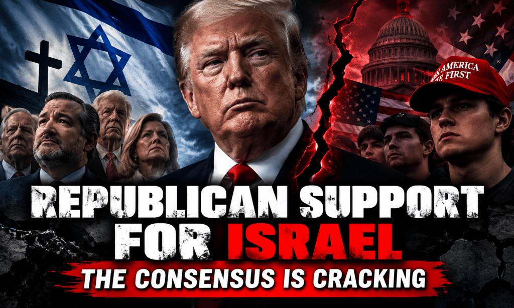 Donald Trump and Republican leaders against US and Israeli flags illustrating the growing Republican support for Israel debate and America First divide.
