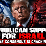 Donald Trump and Republican leaders against US and Israeli flags illustrating the growing Republican support for Israel debate and America First divide.