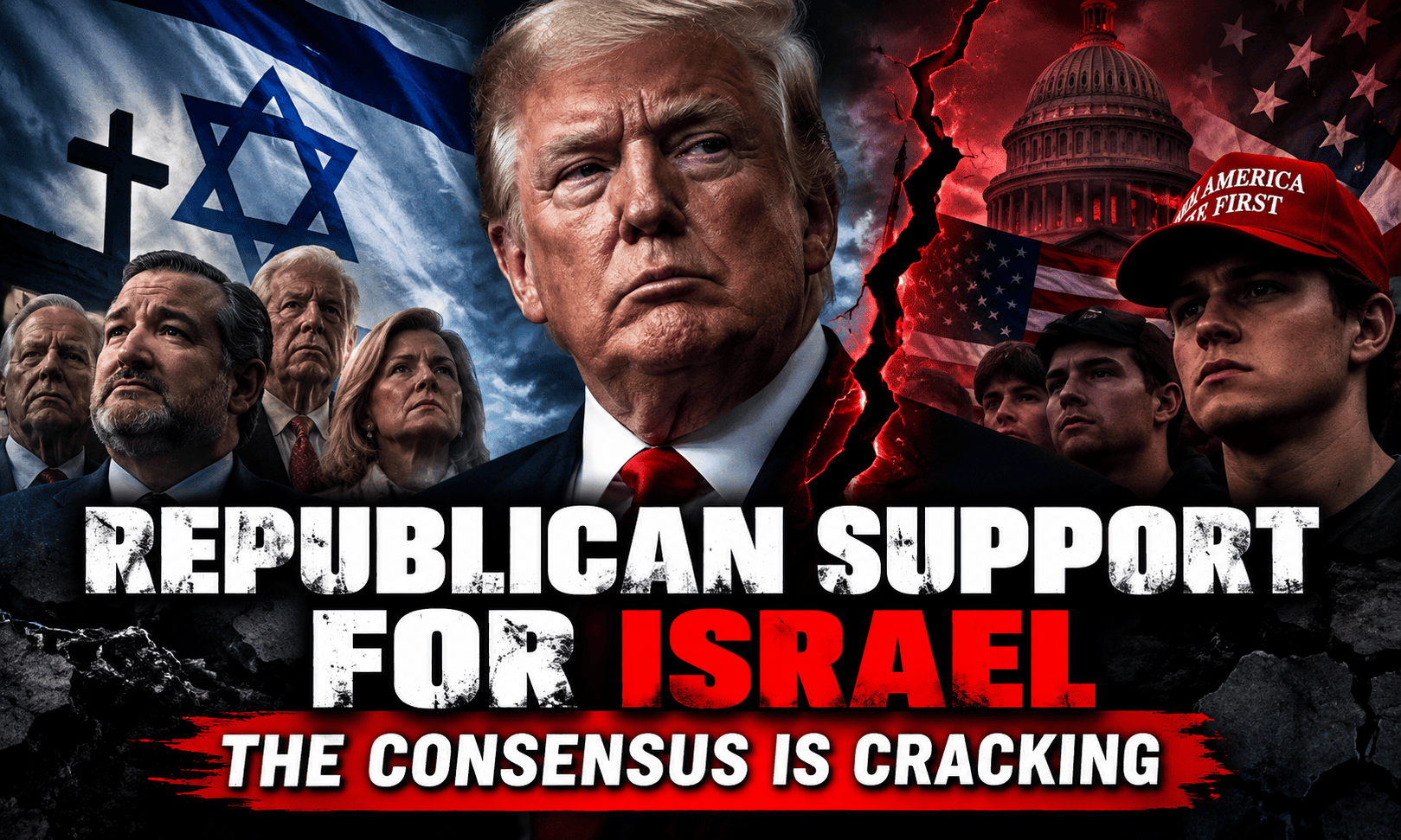 Donald Trump and Republican leaders against US and Israeli flags illustrating the growing Republican support for Israel debate and America First divide.