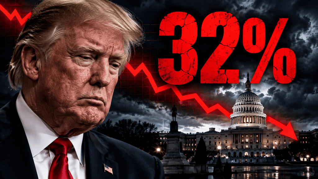 Donald Trump with the US Capitol in the background and a graphic showing his 32 percent approval rating ahead of the midterm elections.