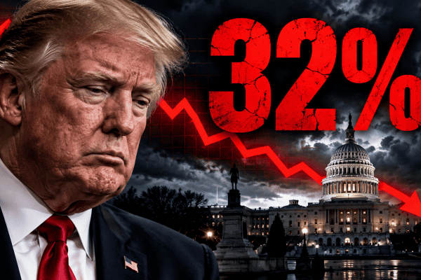 Donald Trump with the US Capitol in the background and a graphic showing his 32 percent approval rating ahead of the midterm elections.