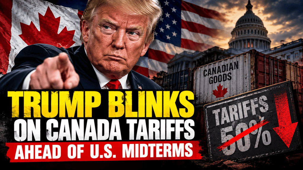 Donald Trump and Canadian flag representing U.S. tariff exemptions on Canadian goods ahead of the 2026 midterm elections.