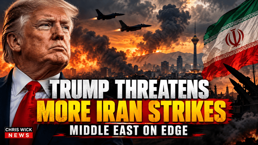 Donald Trump and Iranian military imagery illustrating rising tensions and the possibility of additional US strikes against Iran.