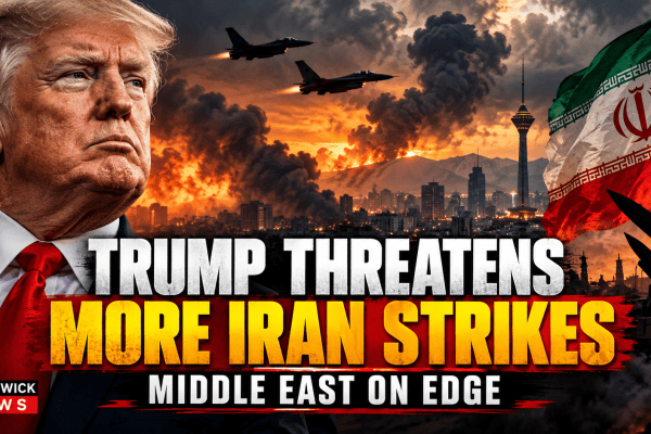 Donald Trump and Iranian military imagery illustrating rising tensions and the possibility of additional US strikes against Iran.