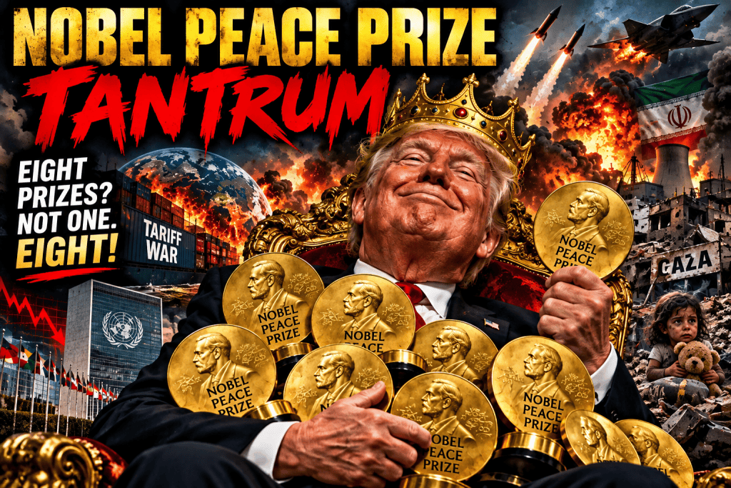 Dark political satire illustration of Donald Trump demanding Nobel Peace Prizes amid missiles, destruction, global conflict and presidential power imagery.