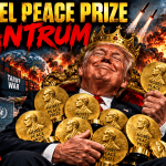 Dark political satire illustration of Donald Trump demanding Nobel Peace Prizes amid missiles, destruction, global conflict and presidential power imagery.