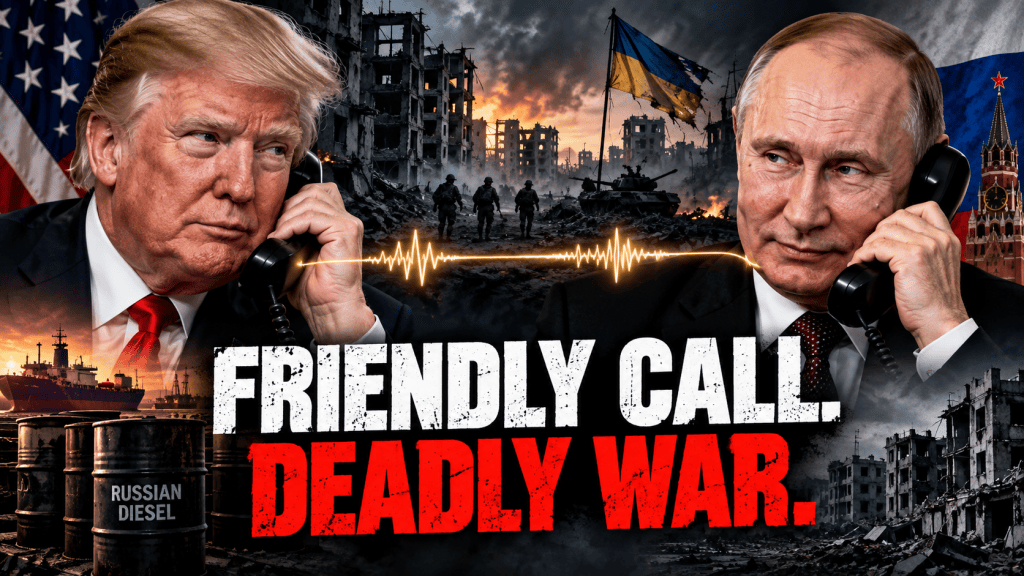 Donald Trump and Vladimir Putin depicted during a diplomatic telephone call amid continuing war in Ukraine and controversy over Russian diesel sanctions.