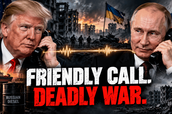 Donald Trump and Vladimir Putin depicted during a diplomatic telephone call amid continuing war in Ukraine and controversy over Russian diesel sanctions.