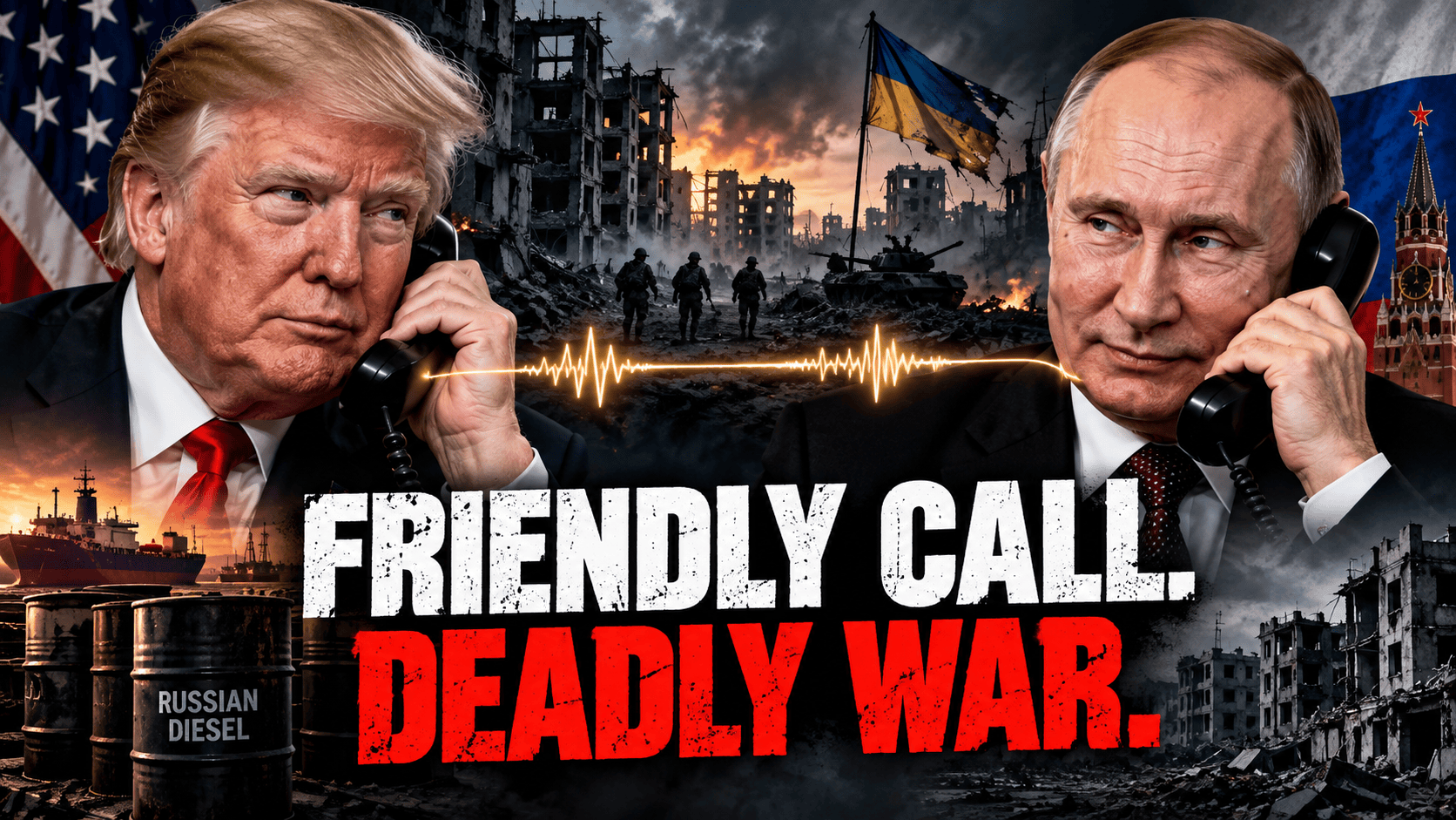 Donald Trump and Vladimir Putin depicted during a diplomatic telephone call amid continuing war in Ukraine and controversy over Russian diesel sanctions.