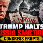 Donald Trump and Vladimir Putin in a dark political news illustration about suspended Russia sanctions