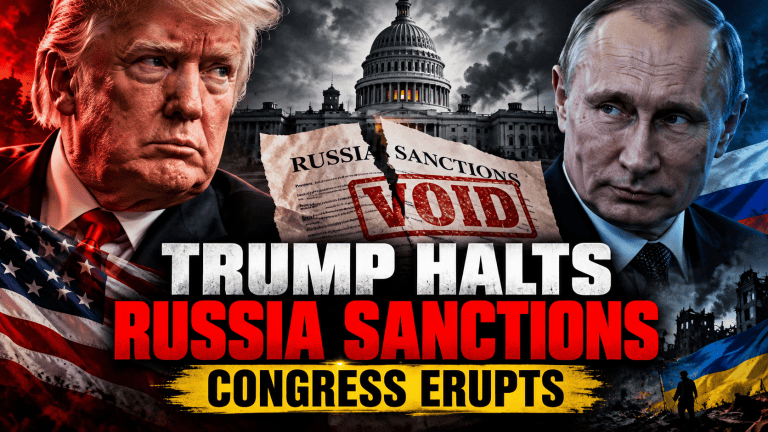 Donald Trump and Vladimir Putin in a dark political news illustration about suspended Russia sanctions