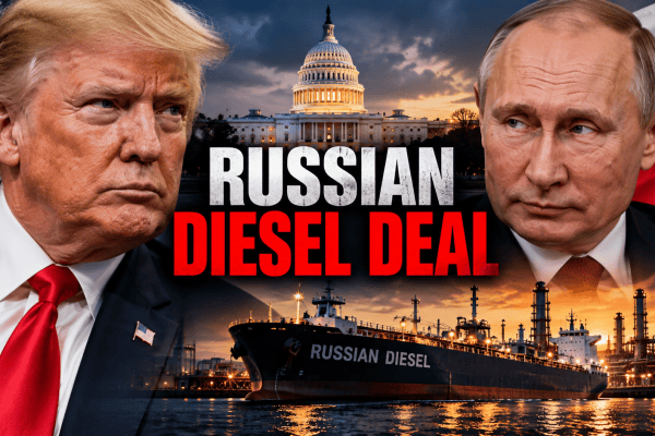 Donald Trump and Vladimir Putin amid Russian diesel deal controversy and congressional opposition.
