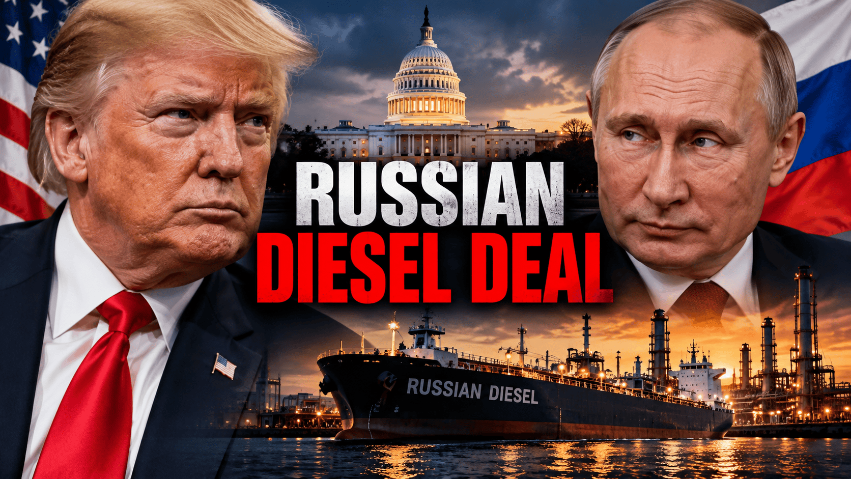 Donald Trump and Vladimir Putin amid Russian diesel deal controversy and congressional opposition.