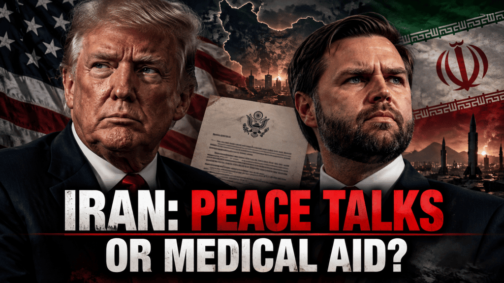 Donald Trump and JD Vance featured in an illustration about US outreach to Iran and disputed reports of peace negotiations.