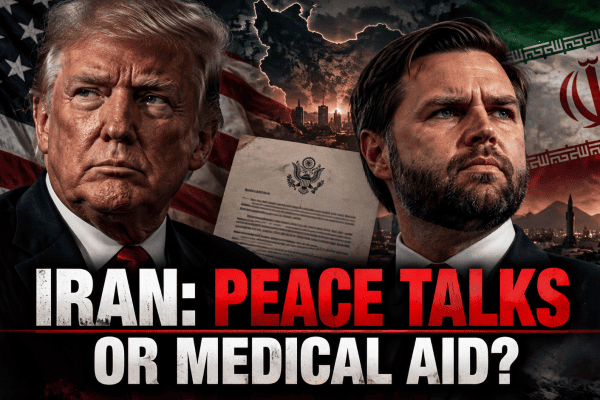 Donald Trump and JD Vance featured in an illustration about US outreach to Iran and disputed reports of peace negotiations.