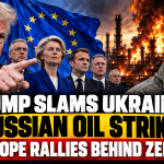 Donald Trump and Volodymyr Zelensky amid tensions over Ukrainian strikes on Russian oil refineries and European Union support.