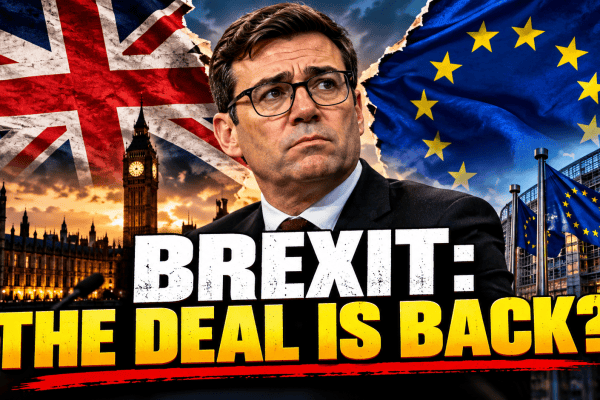 British Prime Minister Andy Burnham and the UK and EU flags representing renewed negotiations over Britain's post-Brexit relationship.