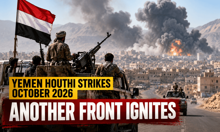 Editorial illustration of Yemen military operations and regional tensions with headline text Yemen Houthi Strikes October 2026.