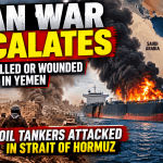 Editorial illustration of an oil tanker in the Strait of Hormuz alongside a smoky Yemen battlefield, illustrating the October 2026 Yemen Iran war escalation.