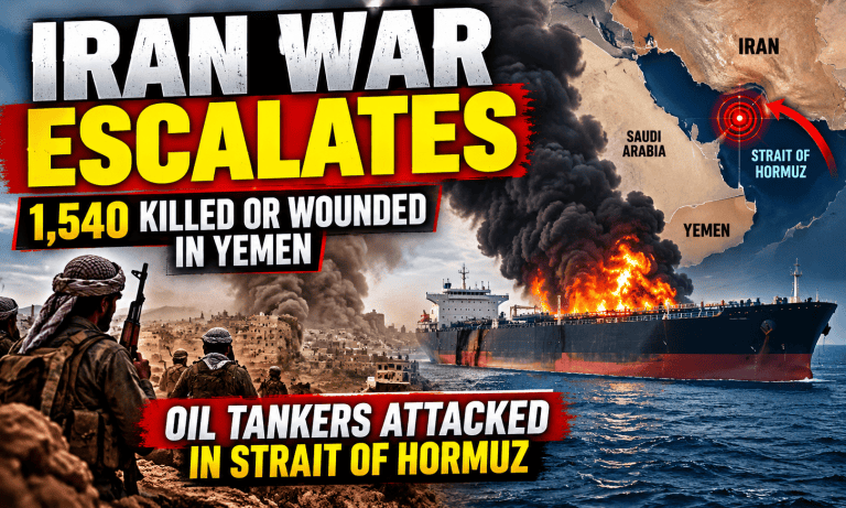 Editorial illustration of an oil tanker in the Strait of Hormuz alongside a smoky Yemen battlefield, illustrating the October 2026 Yemen Iran war escalation.
